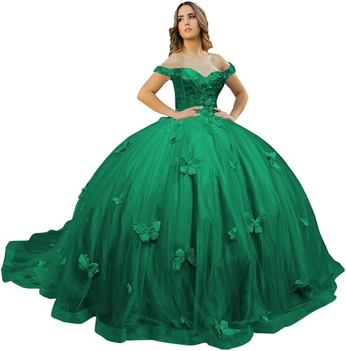Ball Gown Off Shoulder Quinceanera Dresses dark Green with 3D Butterfly