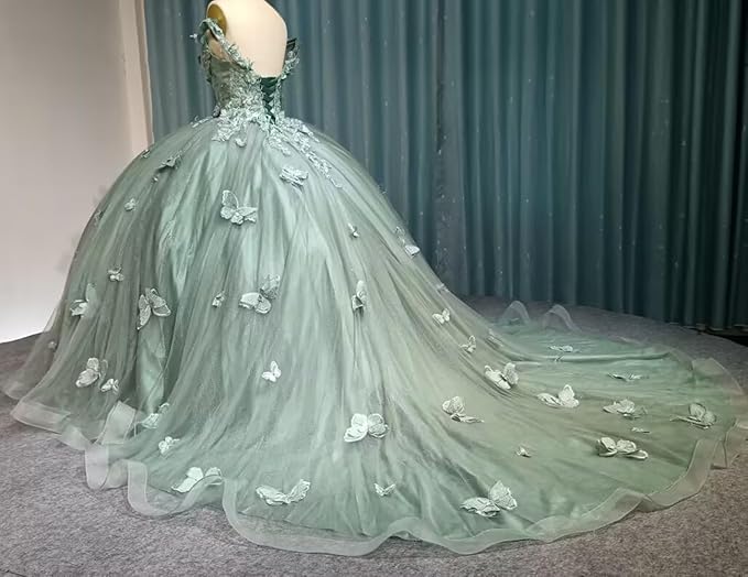 Ball Gown Off Shoulder Quinceanera Dresses Green with 3D Butterfly