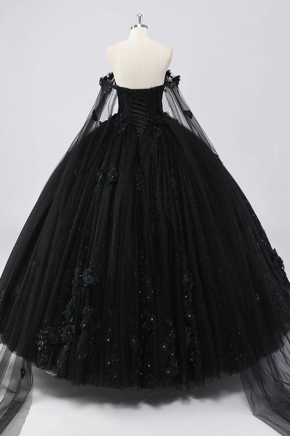 Ball Gown Off the Shoulder Black Tulle Quinceanera Dress with 3D Flowers Mychicdress