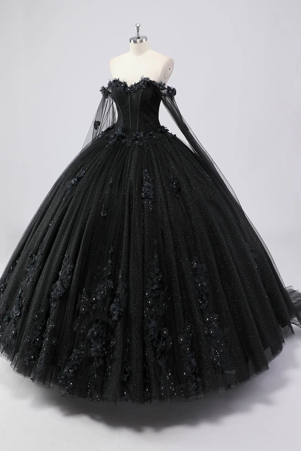 Ball Gown Off the Shoulder Black Tulle Quinceanera Dress with 3D Flowers Mychicdress