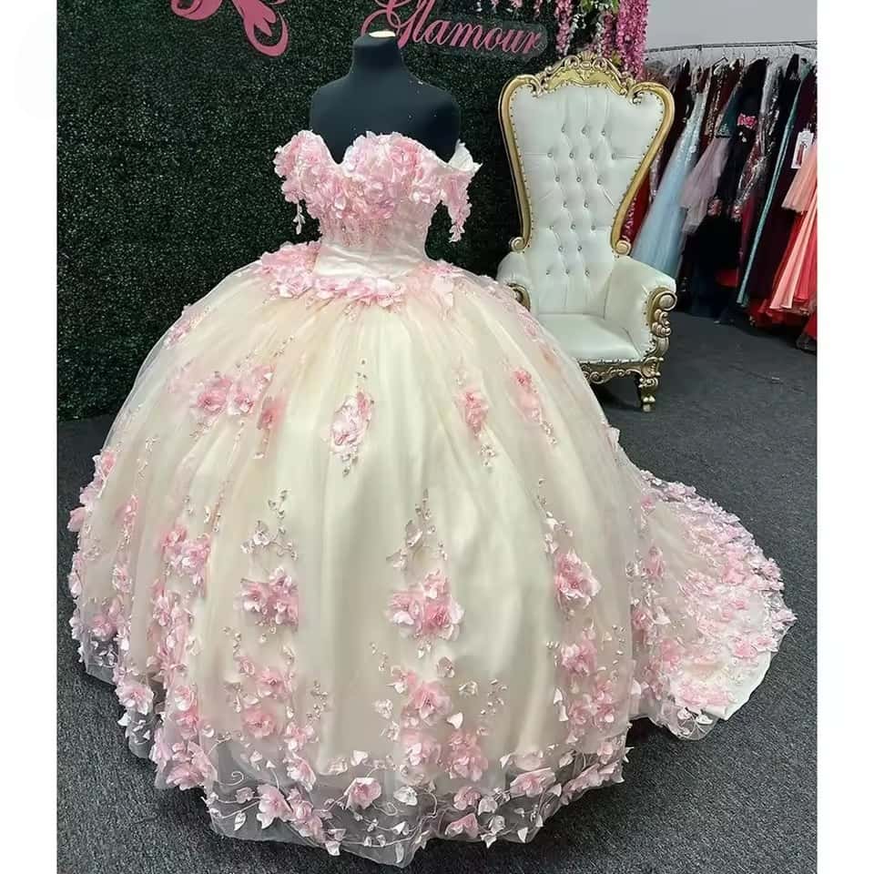 Ball Gown Off The Shoulder Pink Quinceanera Dress Beaded 3D Flowers