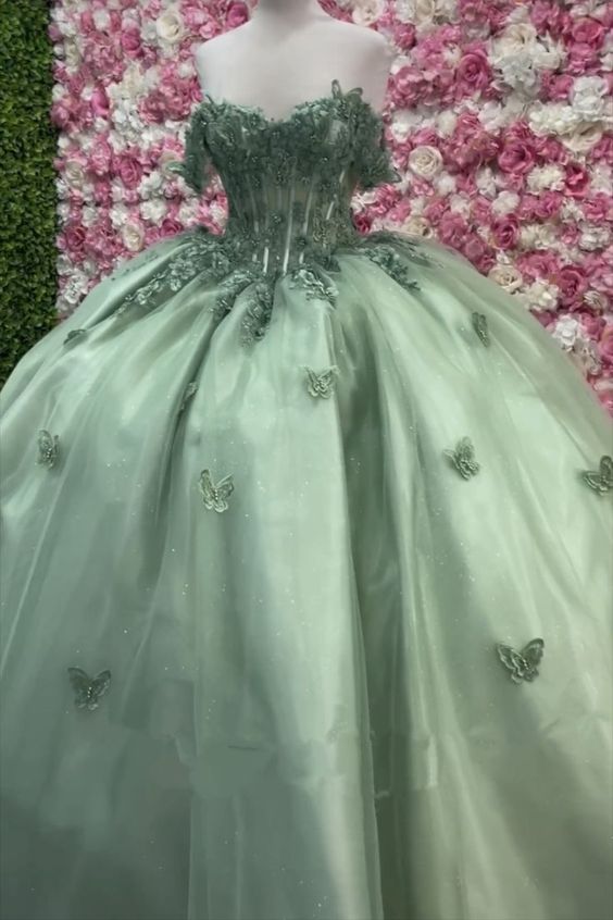 Ball Gown Princess Sage Green Quinceanera Dresses with Butterfly Flowers