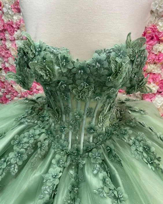 Ball Gown Princess Sage Green Quinceanera Dresses with Butterfly Flowers