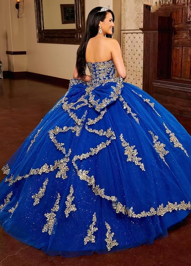 Ball Gown Puffy Blue Gold Lace Quinceanera Dresses with Bow Mychicdress