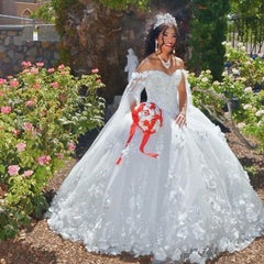 Ball Gown Quinceanera Dresses white With Cape 3D Flowers Tulle Sweetheart