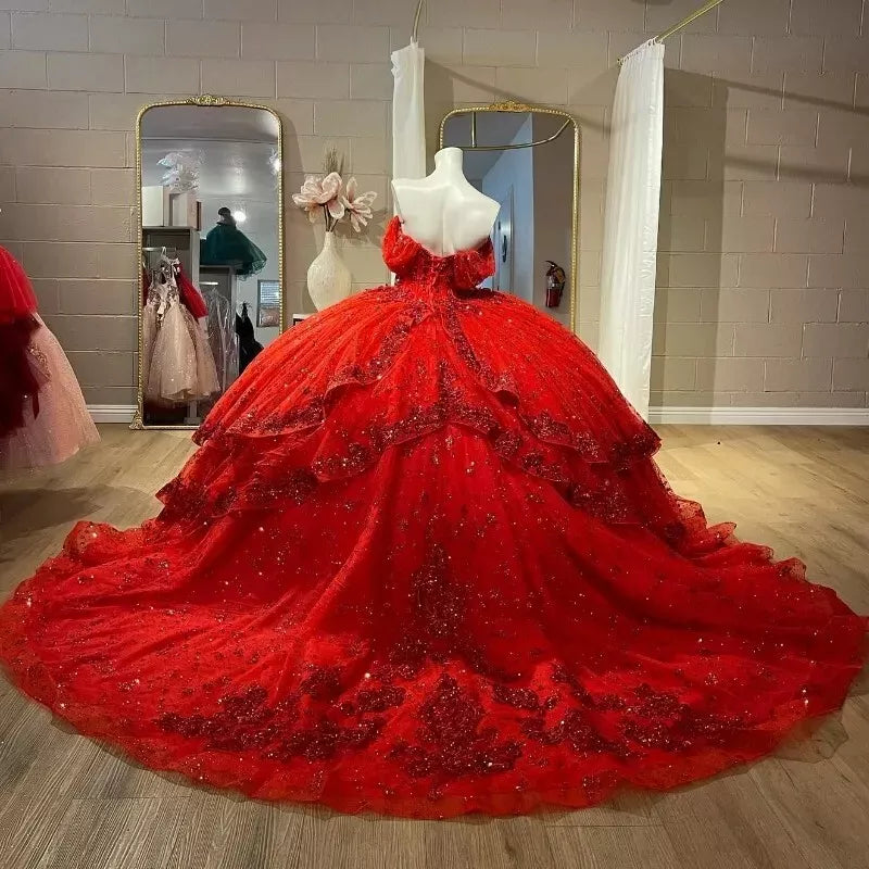 Ball Gown Quinceanera Red Dresses Lace Beaded Sweet 16 Party Dress Mychicdress