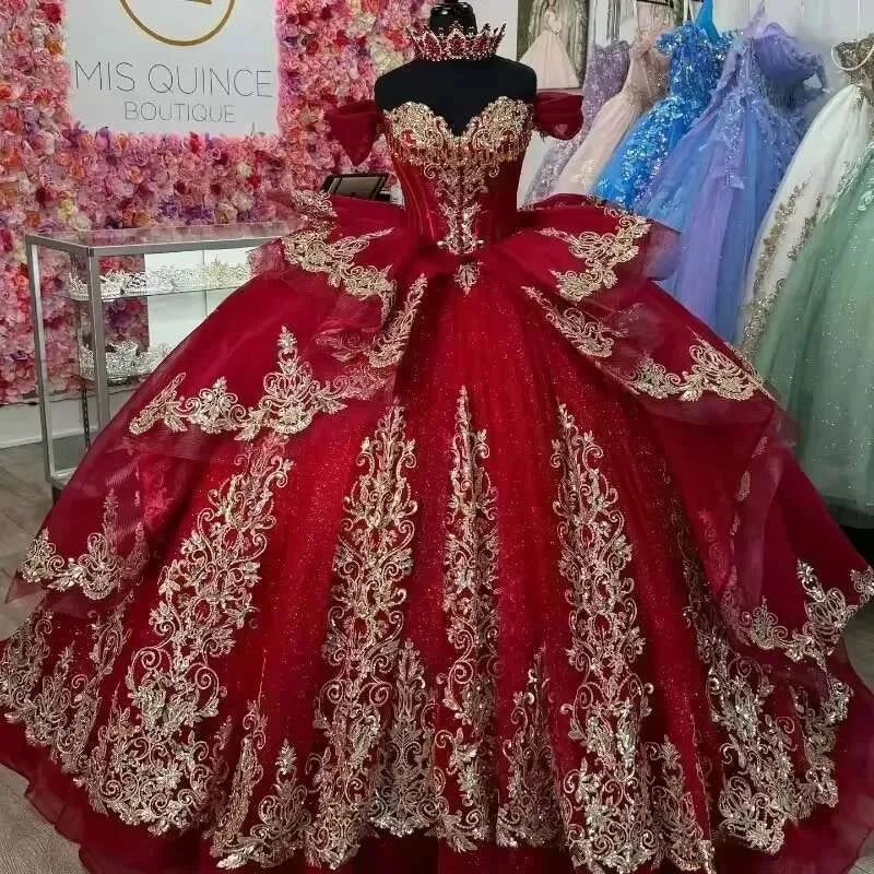 Ball Gown Red Gold Quinceanera Dress Lace Applique Off Shoulder