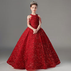 A-Line Black Sequin Flower Girl Dress Halter Beading
