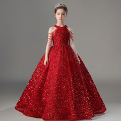 A-Line Black Sequin Flower Girl Dress Halter Beading