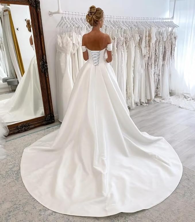 Ball Gown Satin Corset Wedding Dresses for Women Off Shoulder