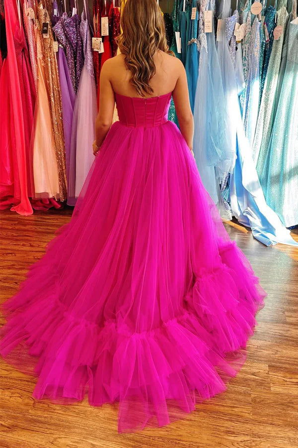 Ball Gown Strapless Tulle Hot Pink Prom Dress with Ruffles
