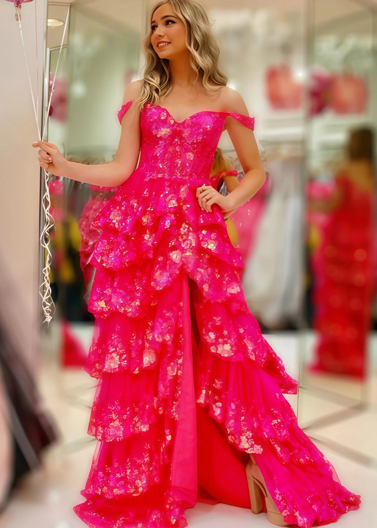 Ball Gown Tiered Fuchsia Prom Dress Corset Layered Sweetheart