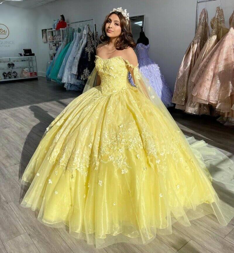 Ball Gown Yellow Quinceanera Dress Tulle Applique with Shawl