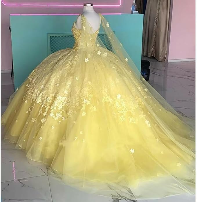 Ball Gown Yellow Quinceanera Dress Tulle Applique with Shawl
