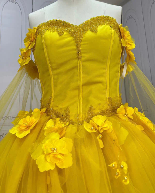 Ball Gown Yellow Sweet 16 Dresses 3D Flowers Beaded off the Shoulder With Cape Mychicdress