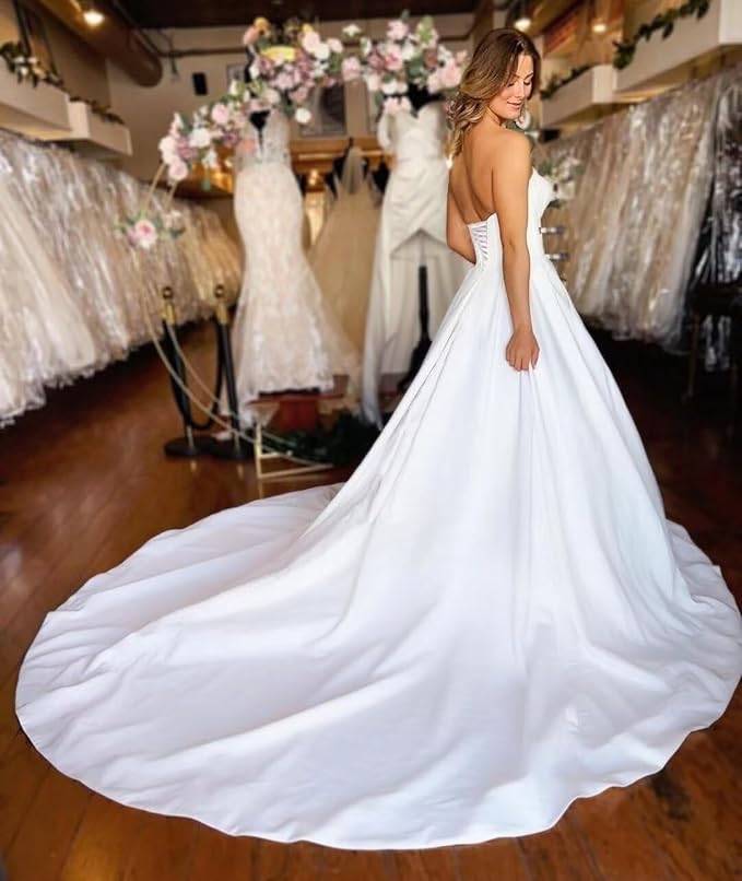 Beach Satin Strapless Corset Wedding Dress for Bride Mychicdress