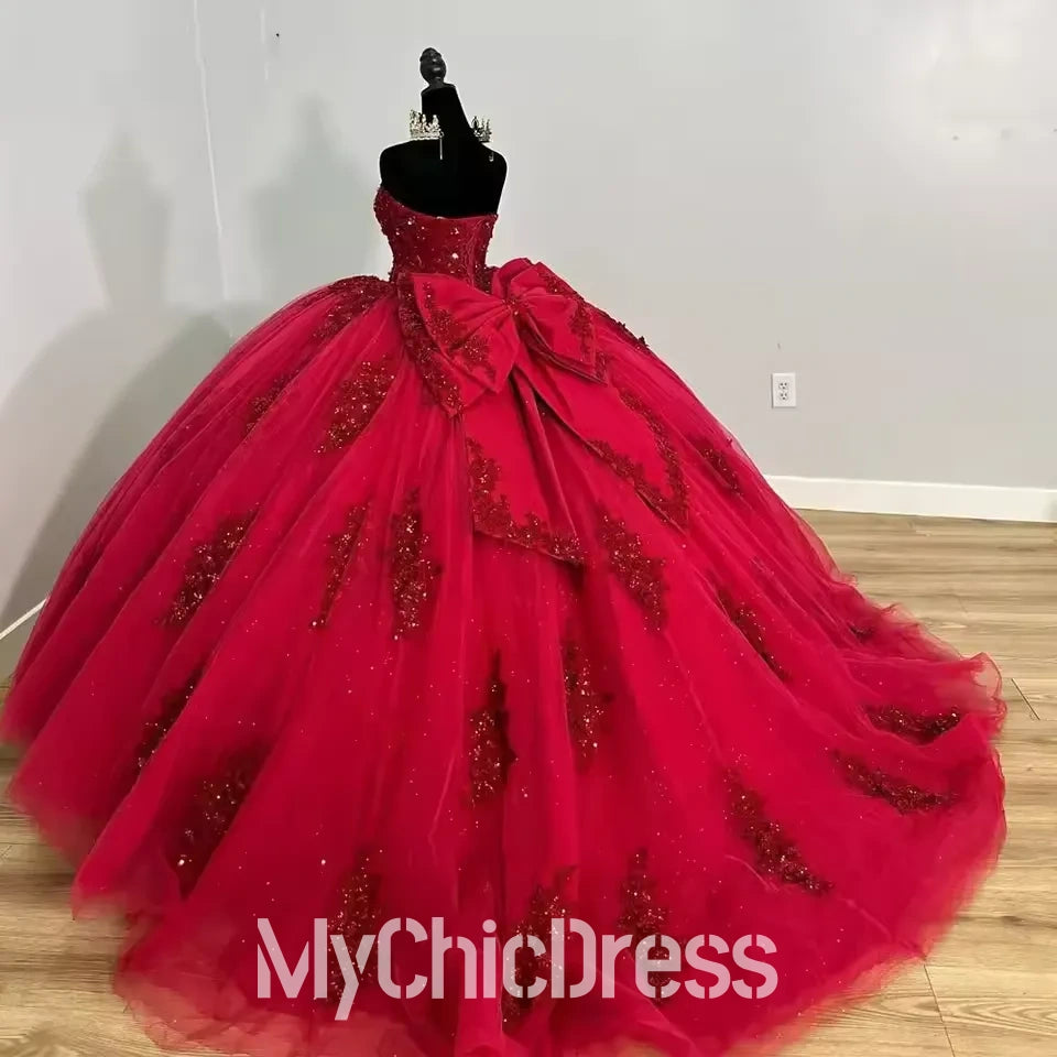 Birthday Party Strapless Red Quinceanera Dresses Tulle Applique Bow