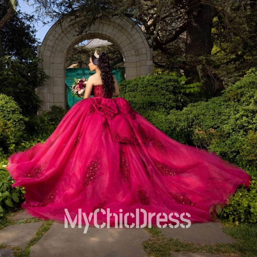 Birthday Party Strapless Red Quinceanera Dresses Tulle Applique Bow