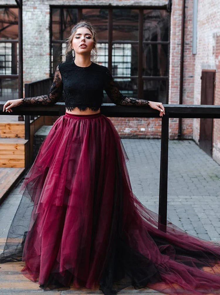 Black 2 Piece Wedding Dress With Sleeves,Black Burgundy Wedding Dress Mychicdress