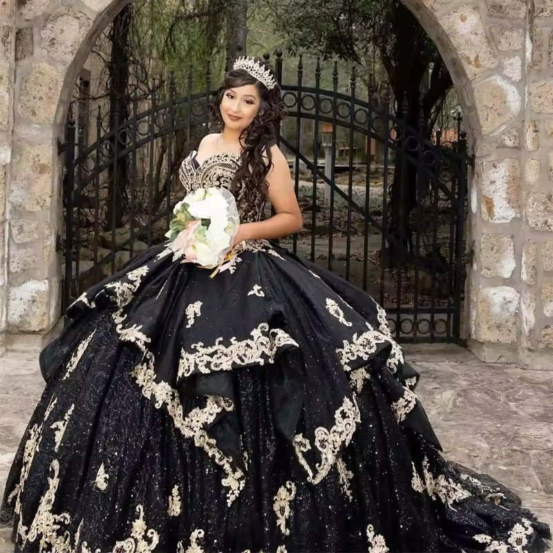 Black And Gold Quinceanera Dress Strapless, Princess Vestidos De 15 Anos Mychicdress