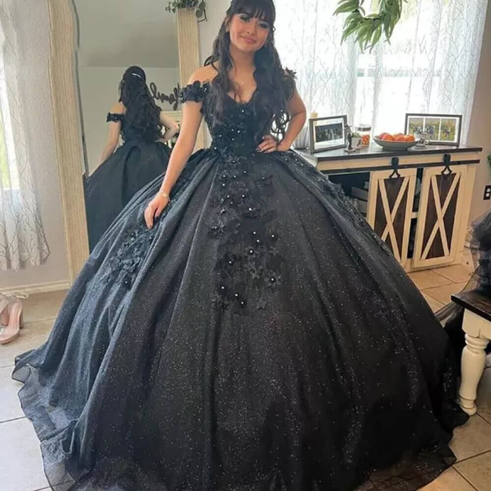 Ball Gown off shoulder black Sweet 16 Quinceanera Dresses Beaded