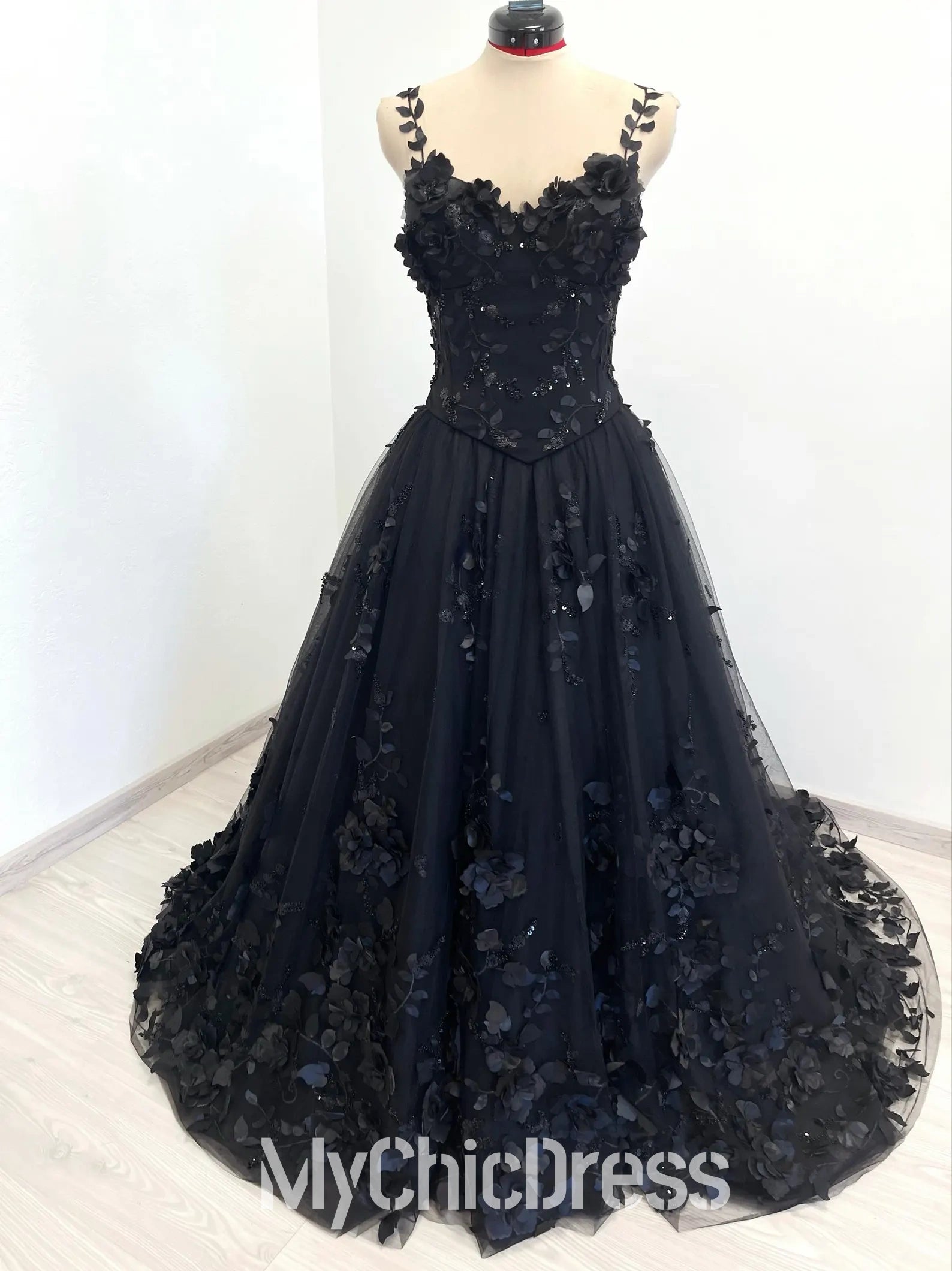 Mychicdress Black Floral Gothic Wedding Dresses with 3D Flower Sweep Train