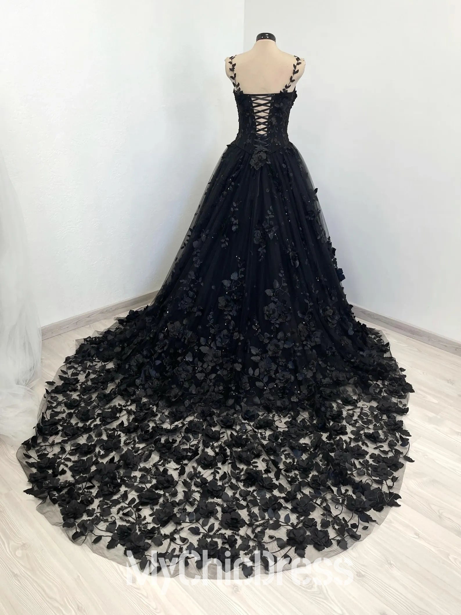 Mychicdress Black Floral Gothic Wedding Dresses with 3D Flower Sweep Train