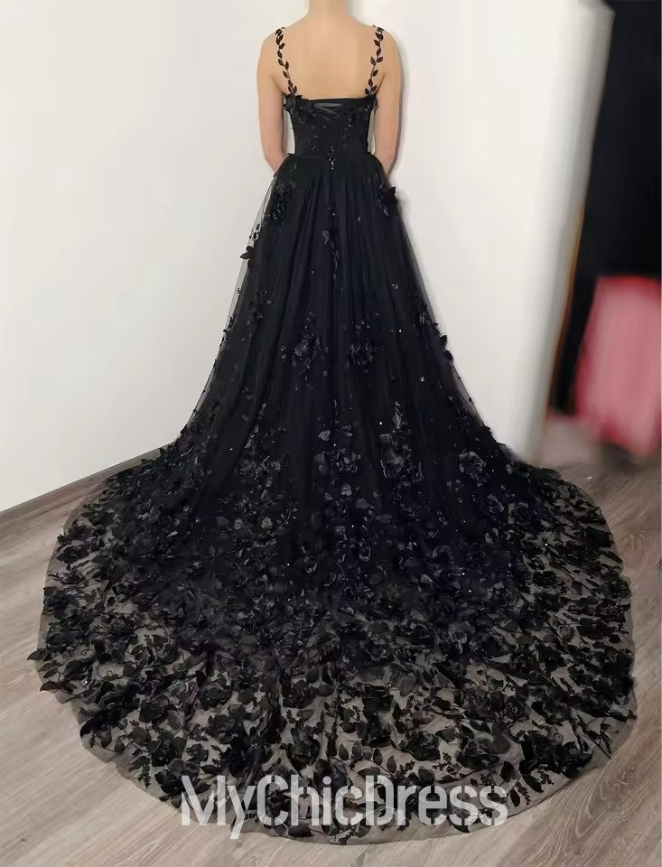 Mychicdress Black Floral Gothic Wedding Dresses with 3D Flower Sweep Train