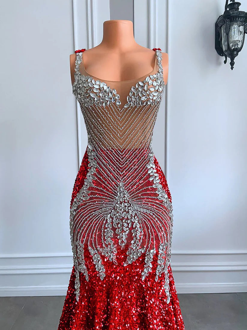 Black Girls Red Prom Dresses Luxury Silver Diamond Crystals Mermaid Mychicdress