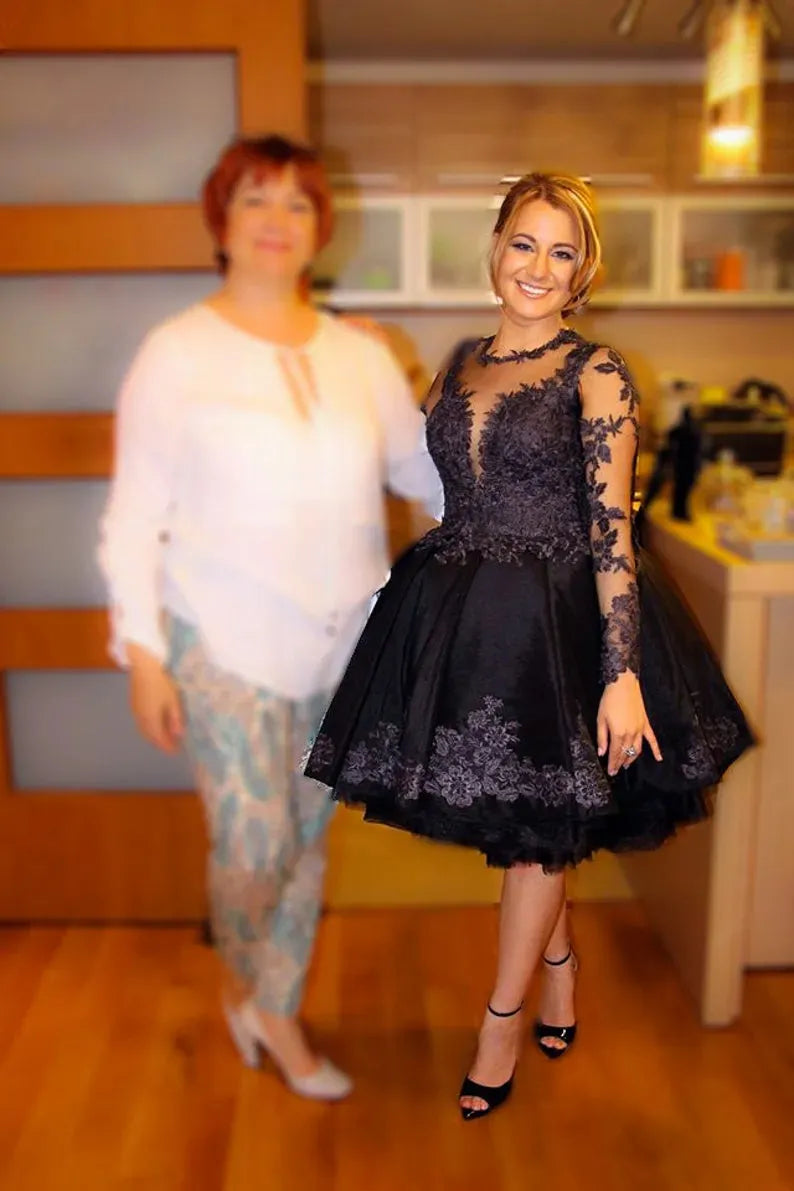 Black Short Lace Homecoming Dress Knee Length Long Sleeves Damas Dress Mychicdress
