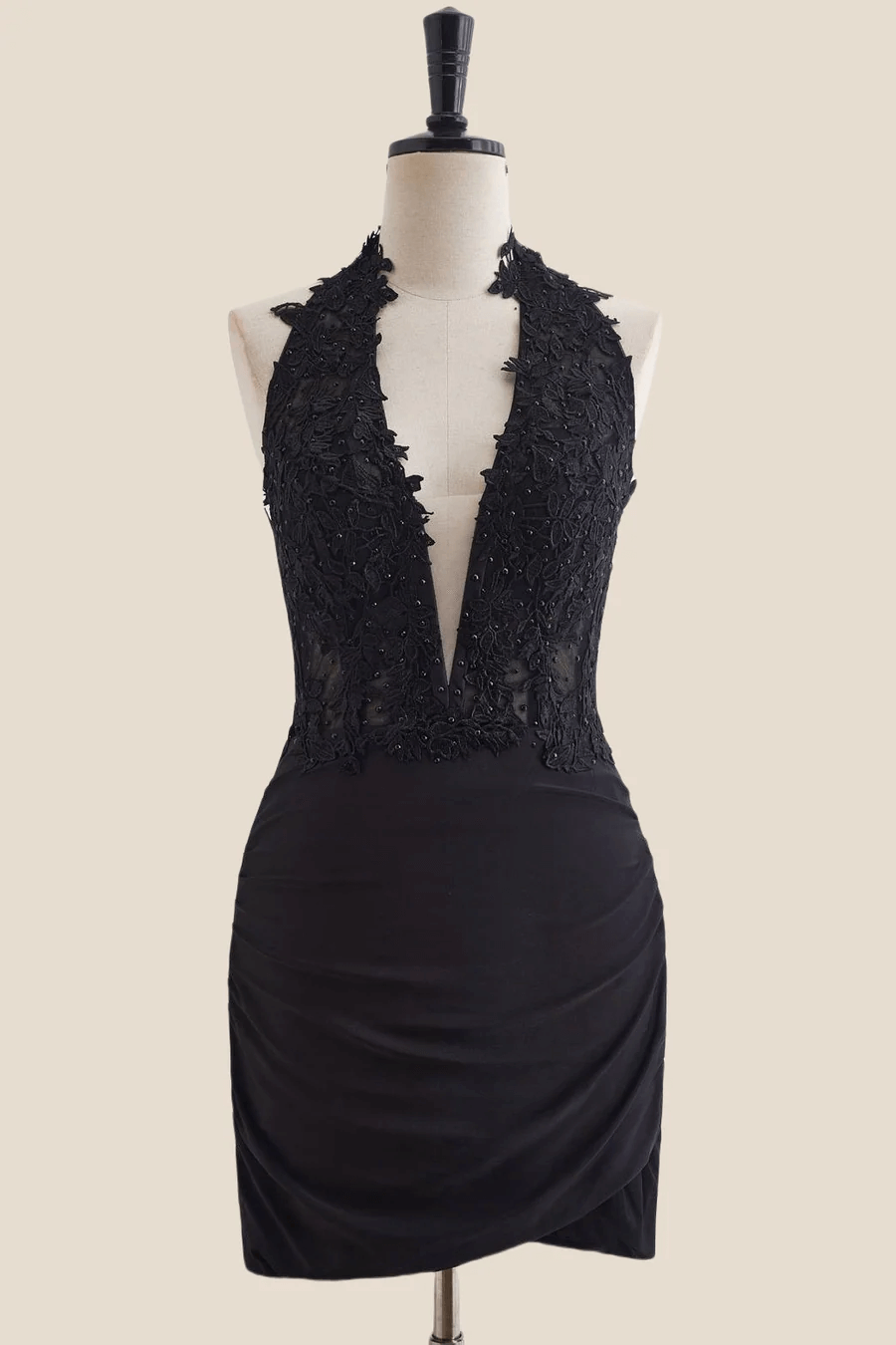 Black Short Prom Dress Halter Lace Appliques Ruched Hoco Dress Bodycon