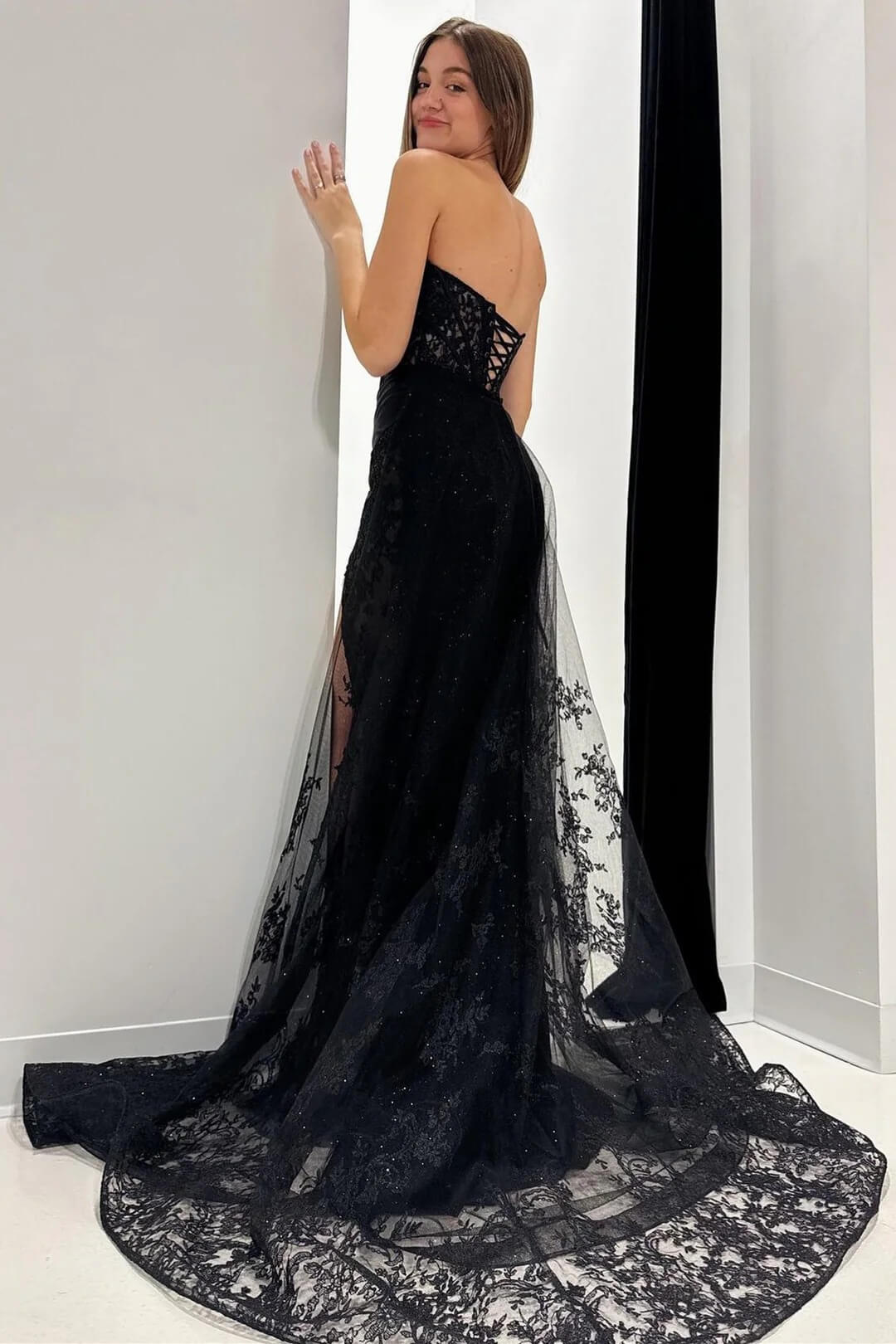 Black Strapless Prom Dresses Lace Long Evening Dress with Attached Train