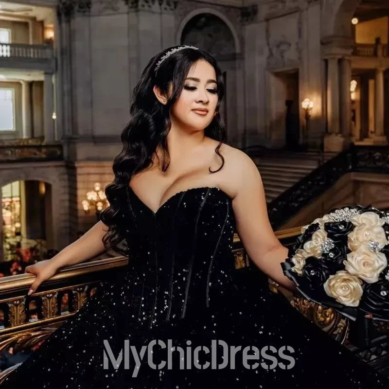 Black Sweet 15 Dress Sparkly Plus Size Quinceanera Dress Sequined