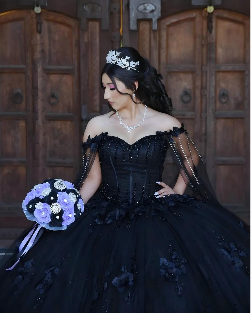Black Sweet 16 Quinceanera Dress Cape Sleeve Sweetheart Beaded 3D Flowers