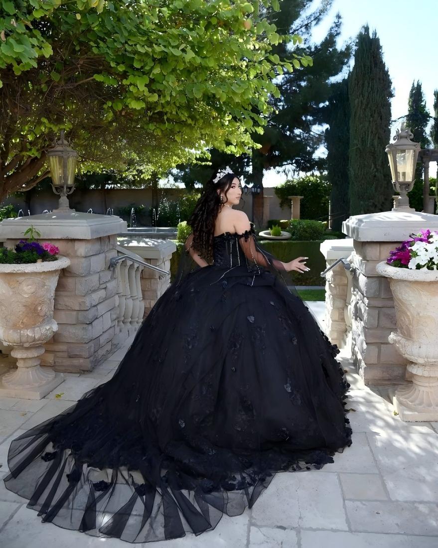 Black Sweet 16 Quinceanera Dress Cape Sleeve Sweetheart Beaded 3D Flowers