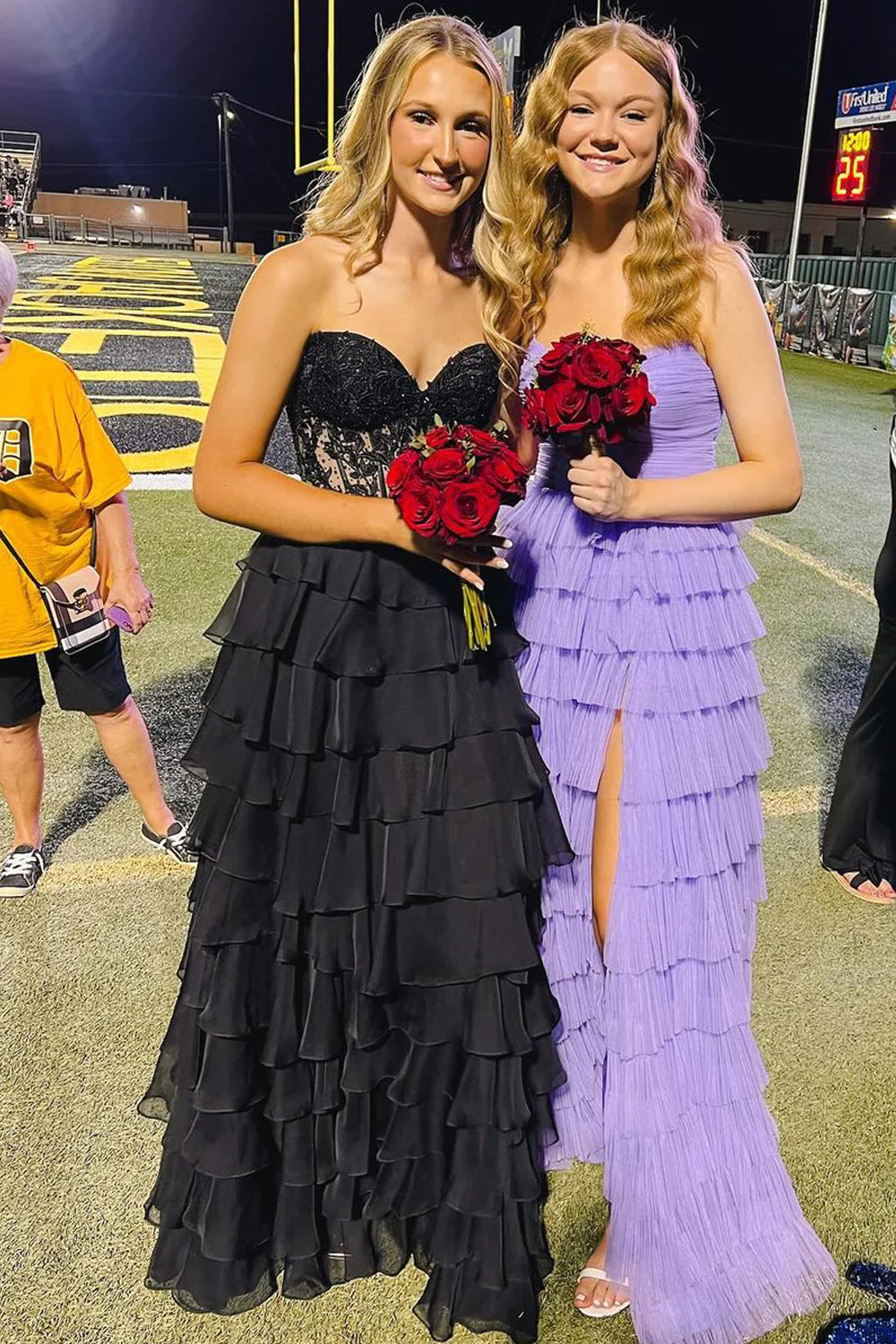 Black Tiered Prom Dresses Lace Chiffon A Line Sweetheart with Slit