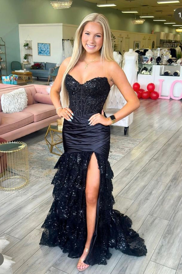 black Tiered Prom Dress Layered Strapless Mermaid Pleated