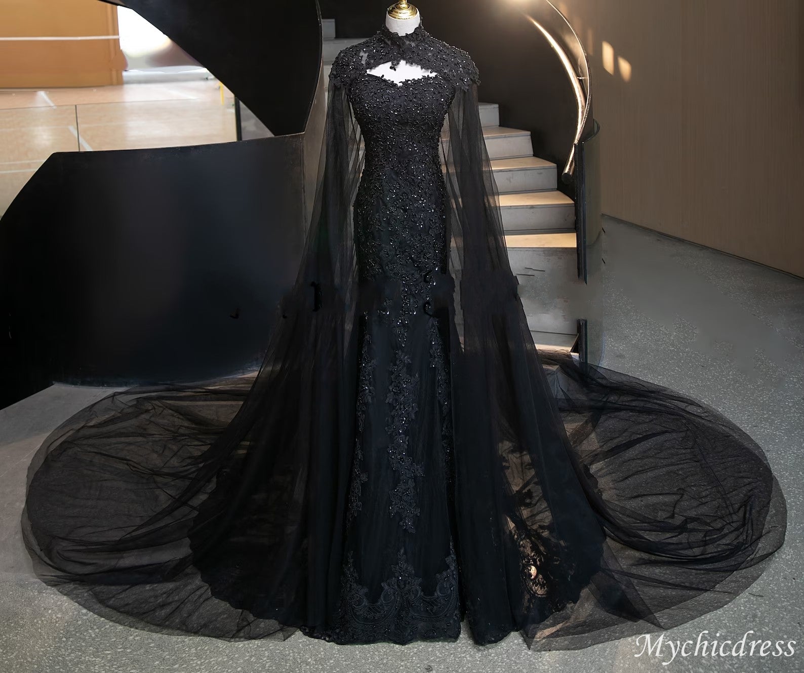 Long Lace Fitted Mermaid Black Wedding Dresses Corset with Cape - MyChicDress