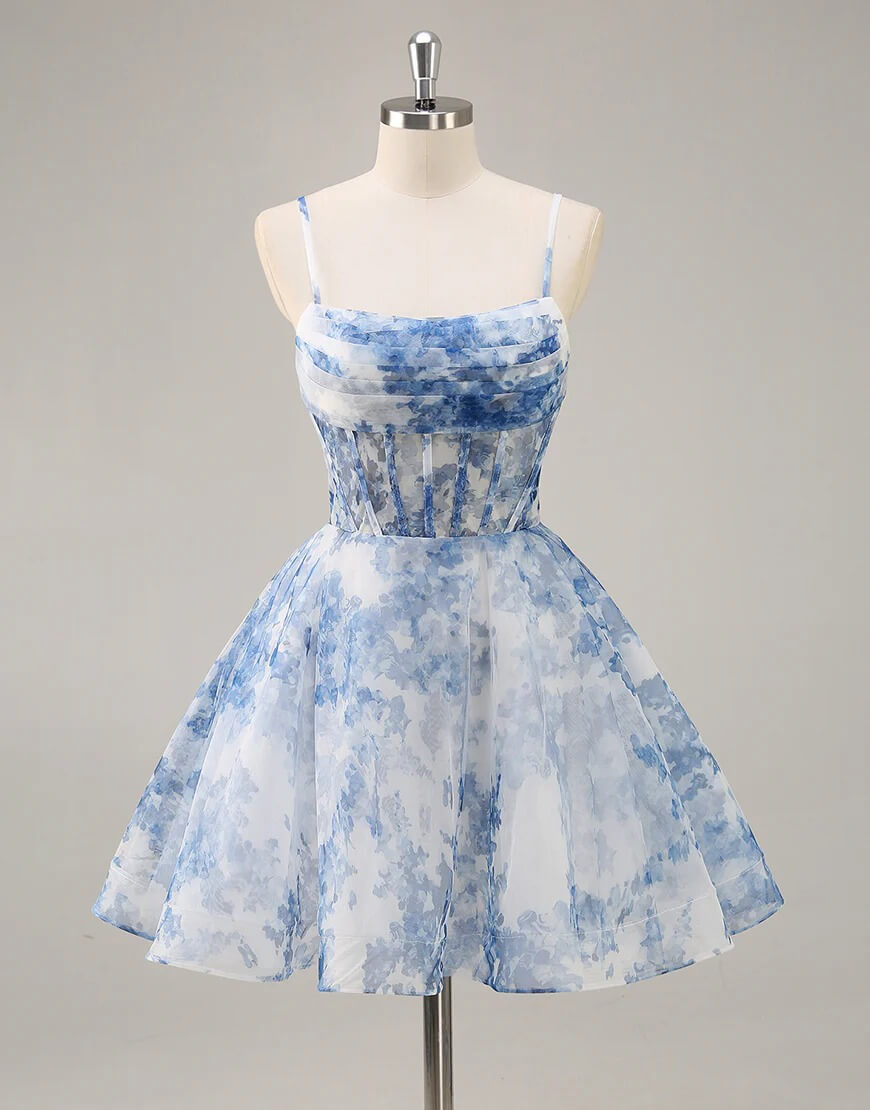 Blue Floral Homecoming Dress Corset Print Short Prom Dress A Line