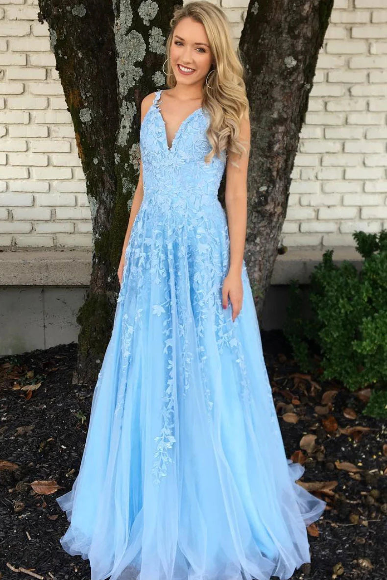 Cheap Long Lace Blue Prom Dresses Applique Mermaid Evening Formal Gowns Mychicdress