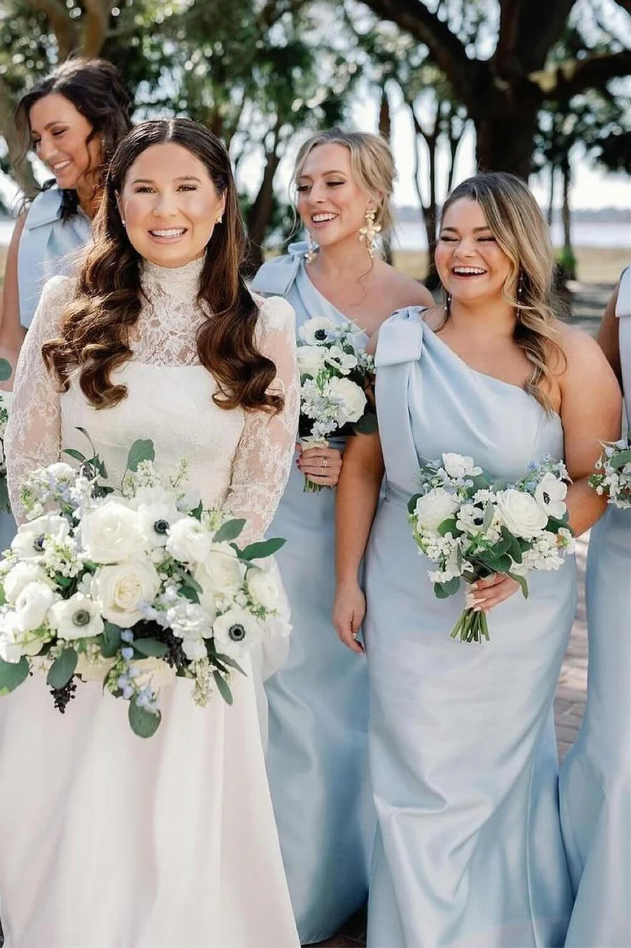One-Shoulder blue Bridesmaids Dress with Bow Strap
