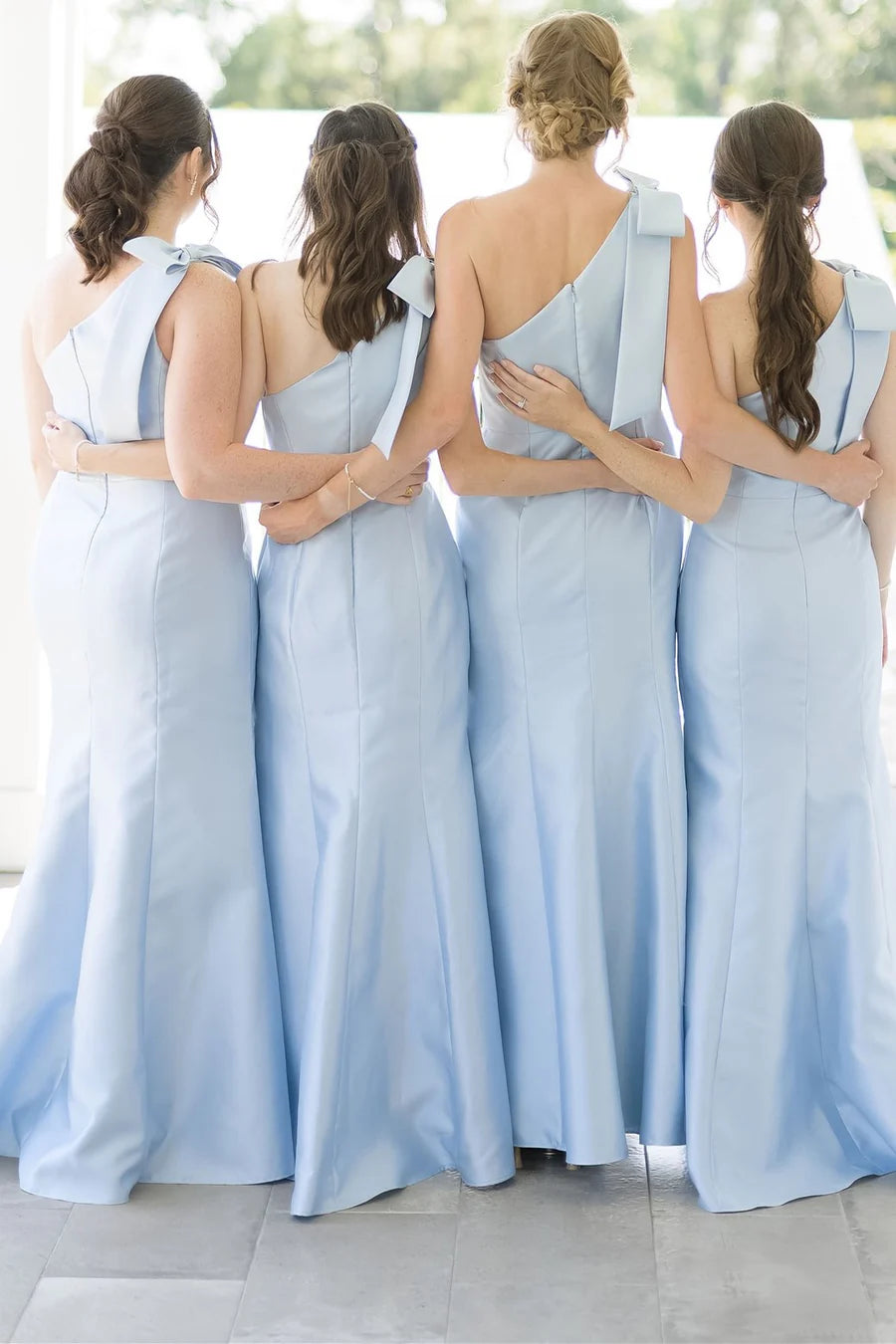 One-Shoulder blue Bridesmaids Dress with Bow Strap