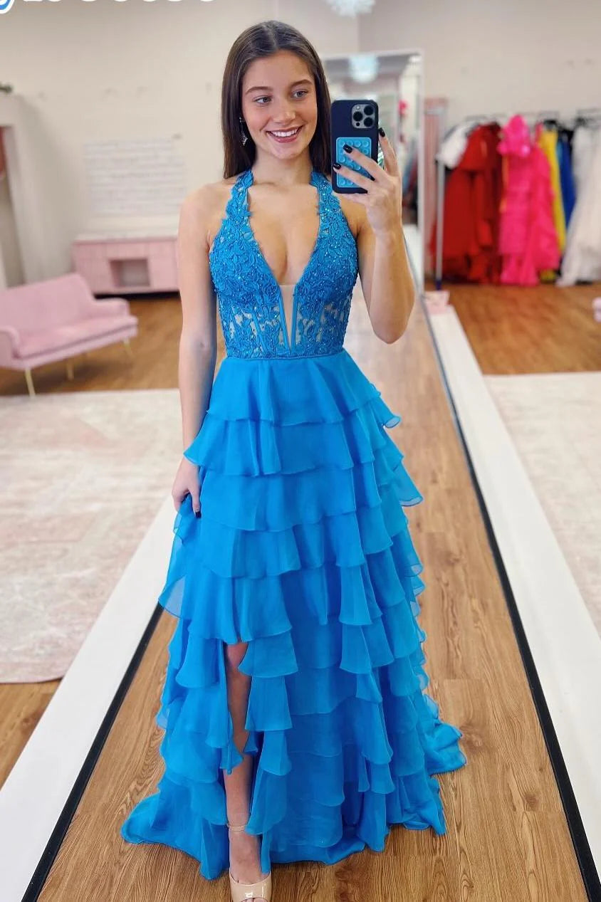 2025 Ruffle Halter Prom Dress Light Blue Lace Appliques Uk Evening Gown