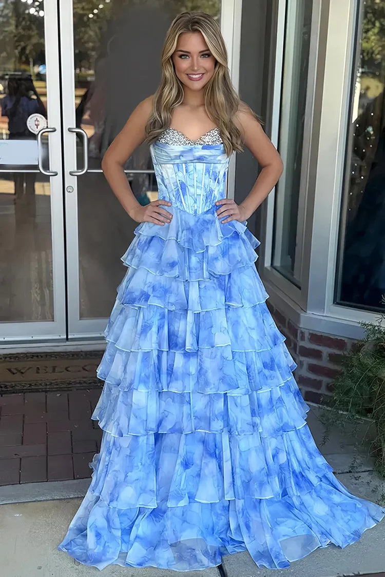 Blue Ruffle Prom Dress Corset Beaded Sweetheart with Slit