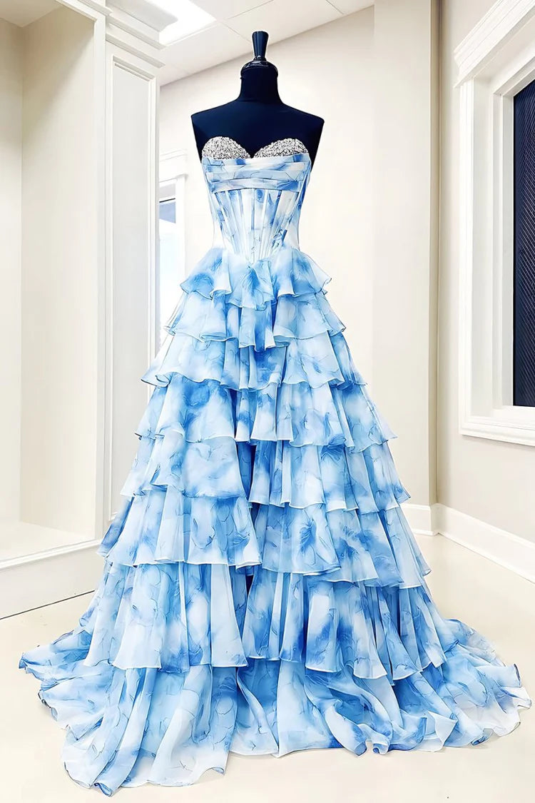 Blue Ruffle Prom Dress Corset Beaded Sweetheart with Slit