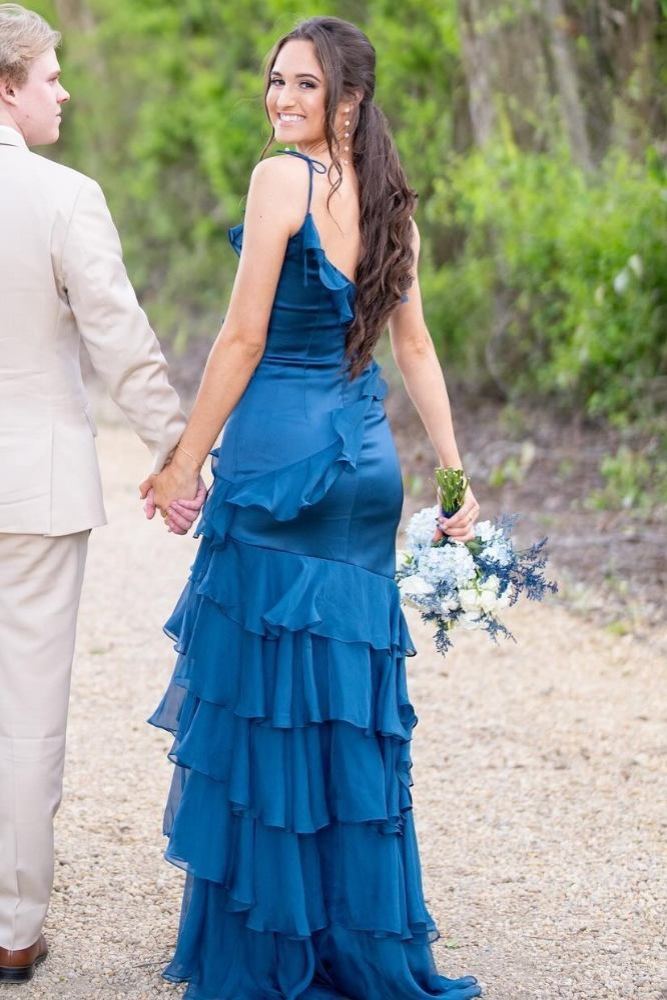 Emerald Green Chiffon Ruffle Prom Dress V-Neck Tiered Guest Dress - MyChicDress