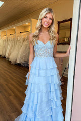 blue Corset Long Prom Dresses Ruffle Sweetheart Lace Chiffon