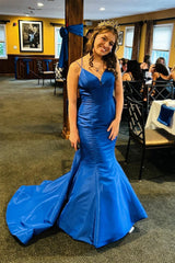 Blue Prom Dress Satin Backless Mermaid Long with Bow 