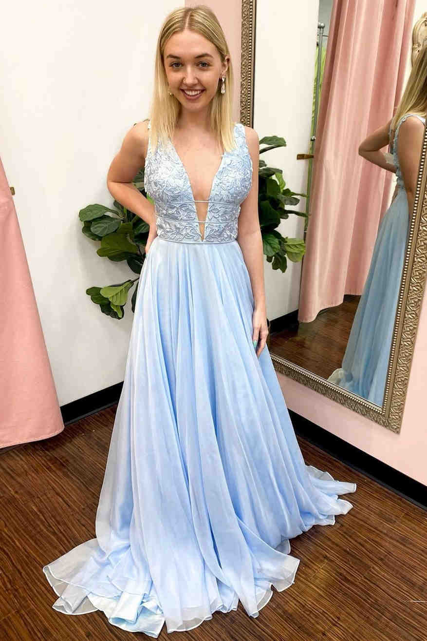 Blue Lace Prom Dresses V Neck Backless Mermaid Mychicdress