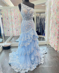 A-Line Tiered Lilac Sequin-Embroidery Prom Dress Ruffle Skirt with Slit